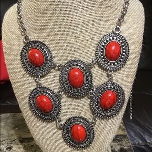 Beautiful statement necklace red and silver tone